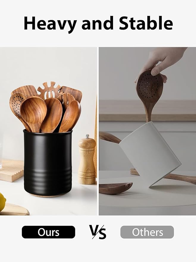 Utensil Holder, 6.7" Ceramic Kitchen Utensil Crock for Countertop Cooking, Modern Utensil Caddy Jar Organizer for Farmhouse Kitchen Counter Décor, Textured Black
