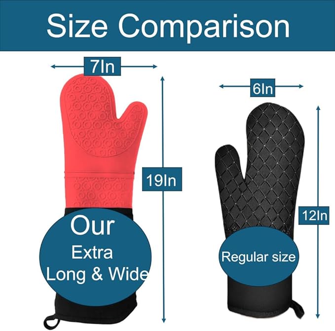 Extra Long High Temp Oven Mitts - 2pcs Commercial, Heavy Duty Non-Slip Grip Mitts - Silicone Heat Resistant Up to 500 Degrees, Ideal for Cooking, Baking & Frying, Red