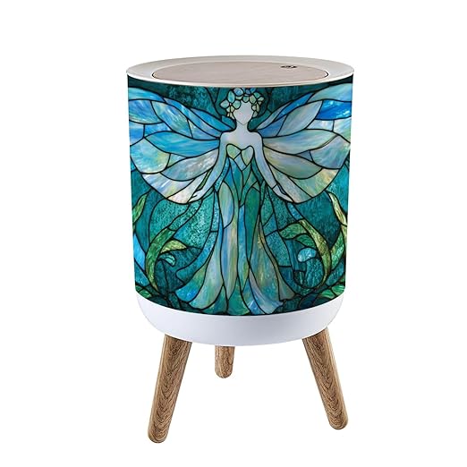 Trash Can with Lid Delicate Flower Fairy Teal Stained Glass Art Press Top Round Small Garbage Bin with Wooden Legs Waste Basket for Kitchen Bedroom Nursery 7L/1.8 Gallon