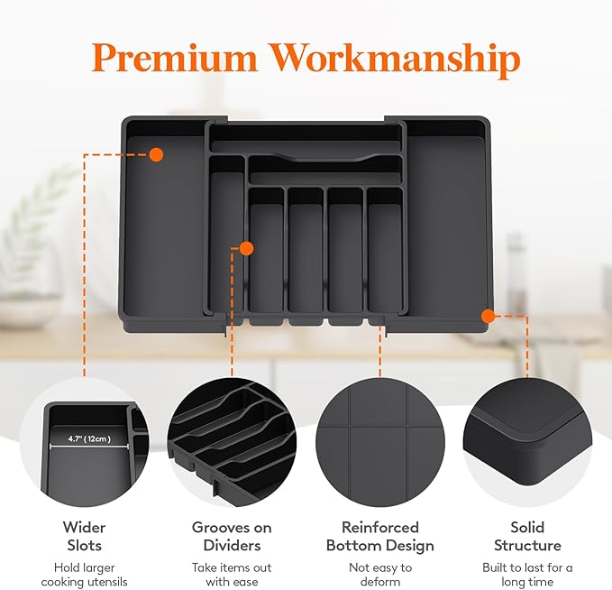 Lifewit Utensil Organizer for Kitchen Drawer, Expandable Cooking Silverware Tray, Adjustable Cutlery Flatware Holder, Plastic Spatula Tools Storage Divider, 13-22.4 x 15", Black
