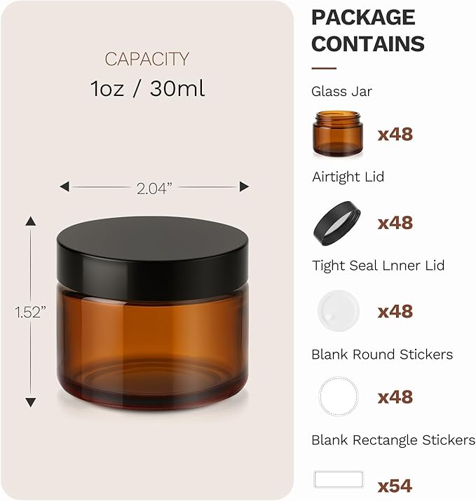 1 oz Glass Jars with Lids, Bumobum 48 pack Amber Cream Jars with Black Lids, Black and White Labels & Inner Liners, Empty Cosmetic Containers for Homemade Balms, Lotion, Salve, Ointment, Body Scrub