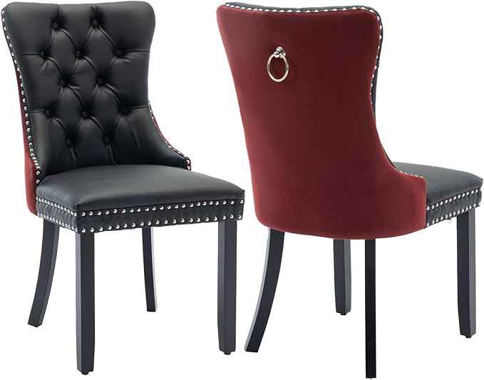 Dining Chairs Set of 2, Upholstered Dining Room Chairs with Back Ring Pull Trim and Solid Wood Legs, Modern Tufted Kitchen Chairs Perfect for Dining Room, Black Pu Leather Splicing WineRed Velvet