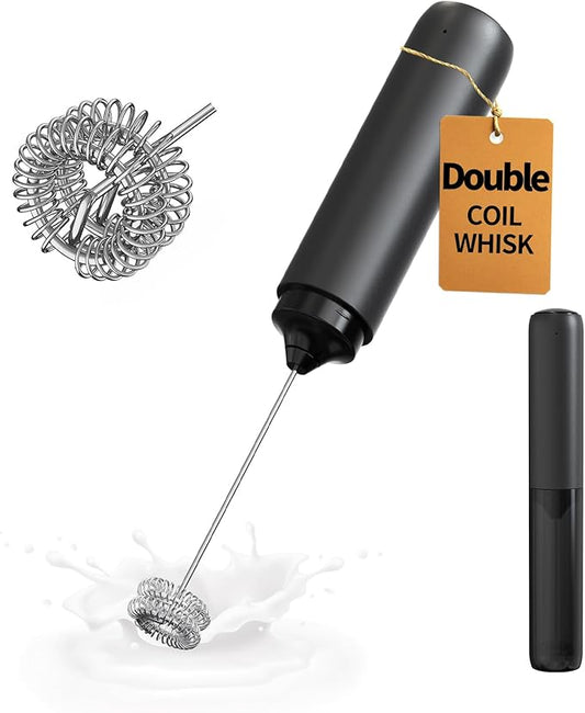 CIRCLE JOY Rechargeable Milk Frother Hanheld, Dual Coil Whisk Head Electric Coffee Frother, Portable Hand Frother Wand Drink Mixer for Matcha Lattes Cappuccino, Kitchen Gifts, Black