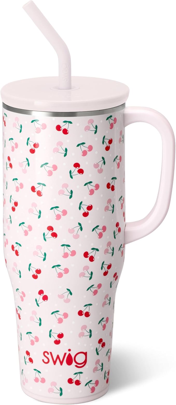 Swig Life 40oz Mega Mug, 40 oz Tumbler with Handle and Straw, Cup Holder Friendly, Dishwasher Safe, Lightweight Extra Large Insulated Tumbler, Stainless Steel (Cherry Pie)