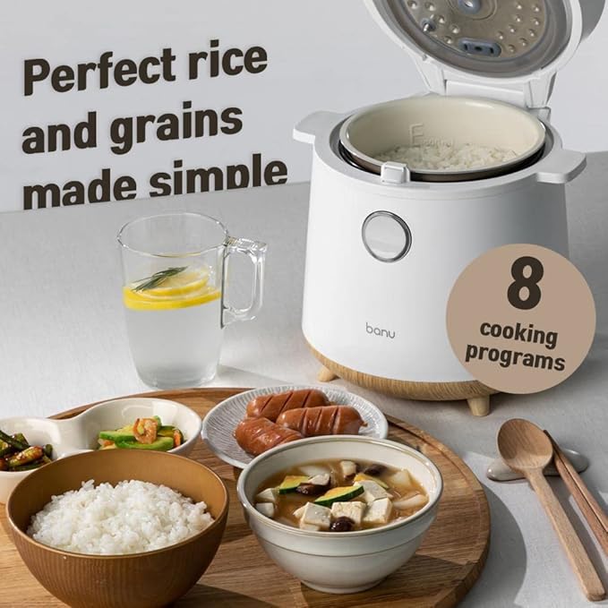 BANU Small Mini Rice Cooker Low Carb, Reduce Sugar, Keto Friendly 3 Cups Standard Capacity, 1 Cup Low-Carb Mode, Keep Warm 24 Hours Preset For White, Brown Rice, Soup, Cake (WHITE)