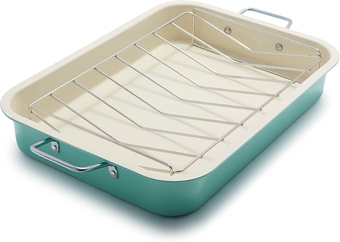 GreenLife 16.5” x 12” Healthy Ceramic Nonstick Roasting Pan with Stainless Steel Roaster Rack, PFAS-Free, PFOA-Free, Dishwasher Safe, Oven Safe, Easy Pouring Rims, Turquoise