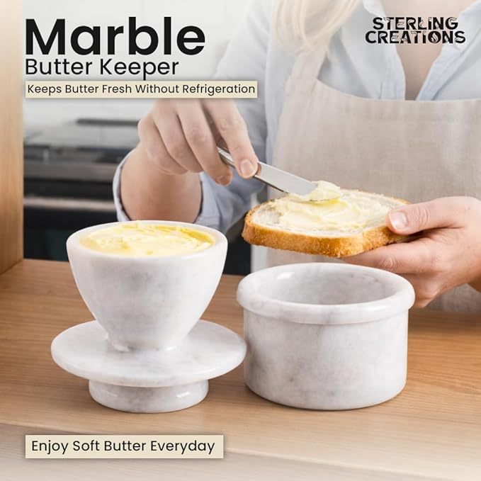 Handcrafted Round Marble Butter Keeper | Elegant White Marble French Butter Dish | Ideal Kitchen Storage for Soft Butter | Classic Breakfast Companion (Regular Size) (White Marble)