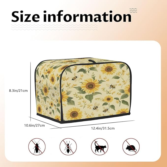 4 Slice Toaster Cover,Sunflower Bee On Retro Small Kitchen Appliance Bread Machine Cover with Pockets,Dust & Fingerprint Protection