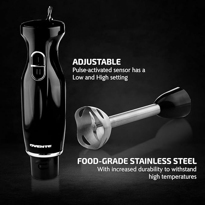 OVENTE Immersion Hand Blender, 300W Electric Handheld Stick Mixer with 2 Mixing Speeds and Stainless Steel Blades for Smoothies, Purees & Baby Food, Black HS560B