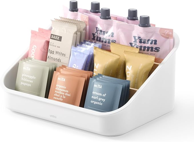Umbra Bellwood Packet Organizer, Divided Tray for Pantry Ingredients and Other Small Items, Made of Durable Plastic and Wood, Natural/White