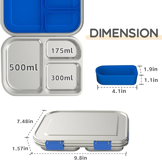 BOSEDSANG Stainless Steel Kids Leak-Resistant Bento Lunch Box, 3-Compartments with Silicone Container, Dishwasher-Safe, Child-Friendly Design for School, Picnics & Travel,BPA-Free (Blue)