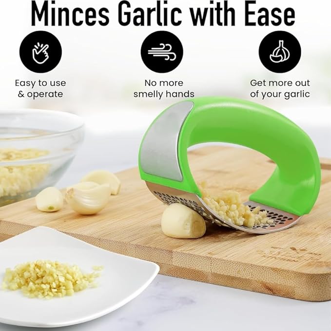 Angel's Peel Lounge Stainless Steel Garlic Press Rocker Set with Silicone Garlic Peeler & Cleaning Brush – Garlic Chopper, Mincer, Grater, Crusher – Easy for Crushed Cloves – Rust-Resistant, Green