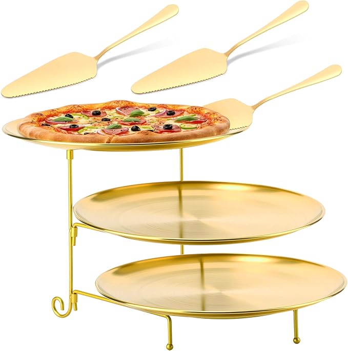Domensi 7 Pcs Pizza Pan Riser Stands Sets Includes Tiered Tray Stand Stainless Steel Pizza Pan and Wood Handle Knife for Tables Party Restaurant (Gold)