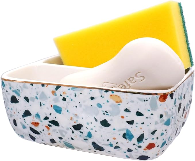 2 Compartments Ceramic Sponge Holder for Kitchen Sink, Unique Terrazzo Marble Pattern Countertop Dish Sponges Holder Soap Sink Organizer Caddy Farmhouse Home Kitchen Decor Light Blue