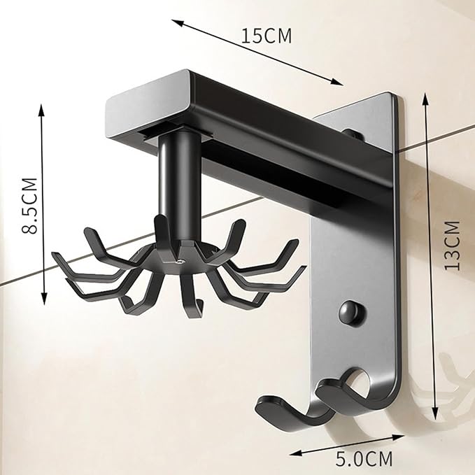 Kitchen Utensils Holder Practical Rotary Tool Hook Holder Wall Mounted Cooking Utensil Rack 10 Rotatable 2 Heavy Duty Hooks Self Adhesive (Black)
