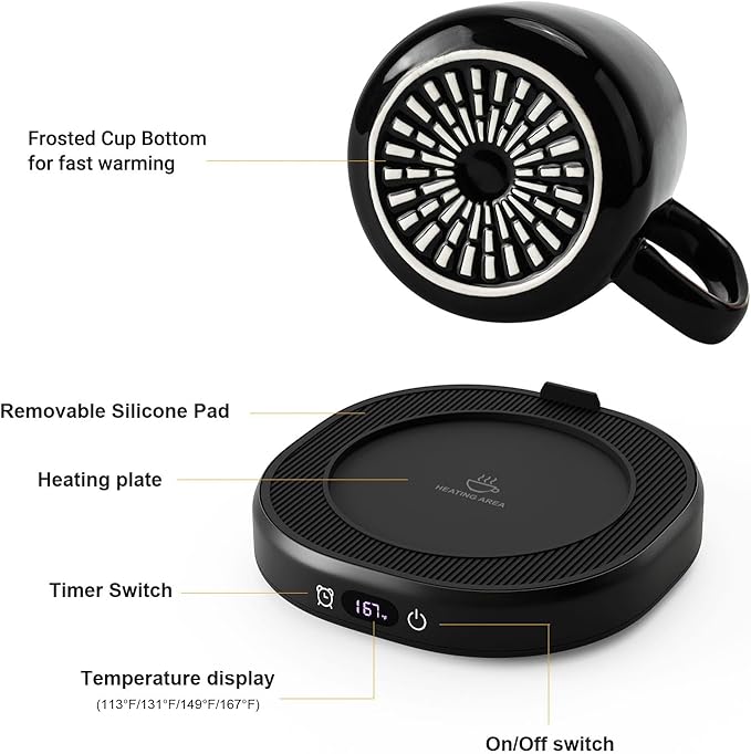 Coffee Mug Warmer & Simple Pure Black Mug Set, Electric Cup Warmer with Auto Shut Off, 4 Temperature Setting Smart Beverage Warmer, 8-Hours Auto Shut Off (Simple Pure Black Mug)