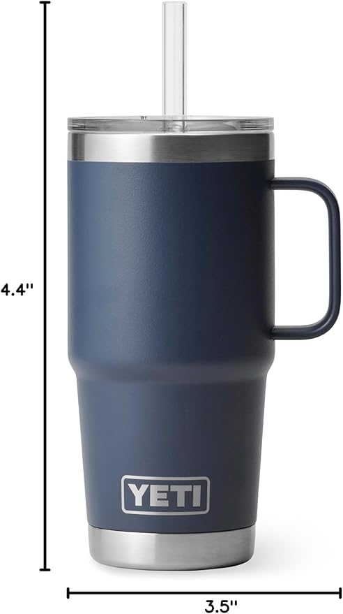 YETI Rambler 25 oz Tumbler with Handle and Straw Lid, Travel Mug Water Tumbler, Vacuum Insulated Cup with Handle, Stainless Steel, Navy