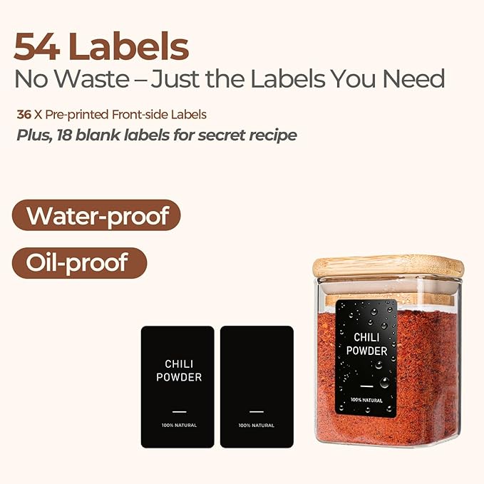 ComSaf Spice Jars with Label 4oz 16 Pack, Glass Spice Jars with Bamboo Lid, Small Seasoning Containers with 54 Black Labels, Stackable for Kitchen, Pantry Organization, Loose Tea, Herbs, Powders, Salt