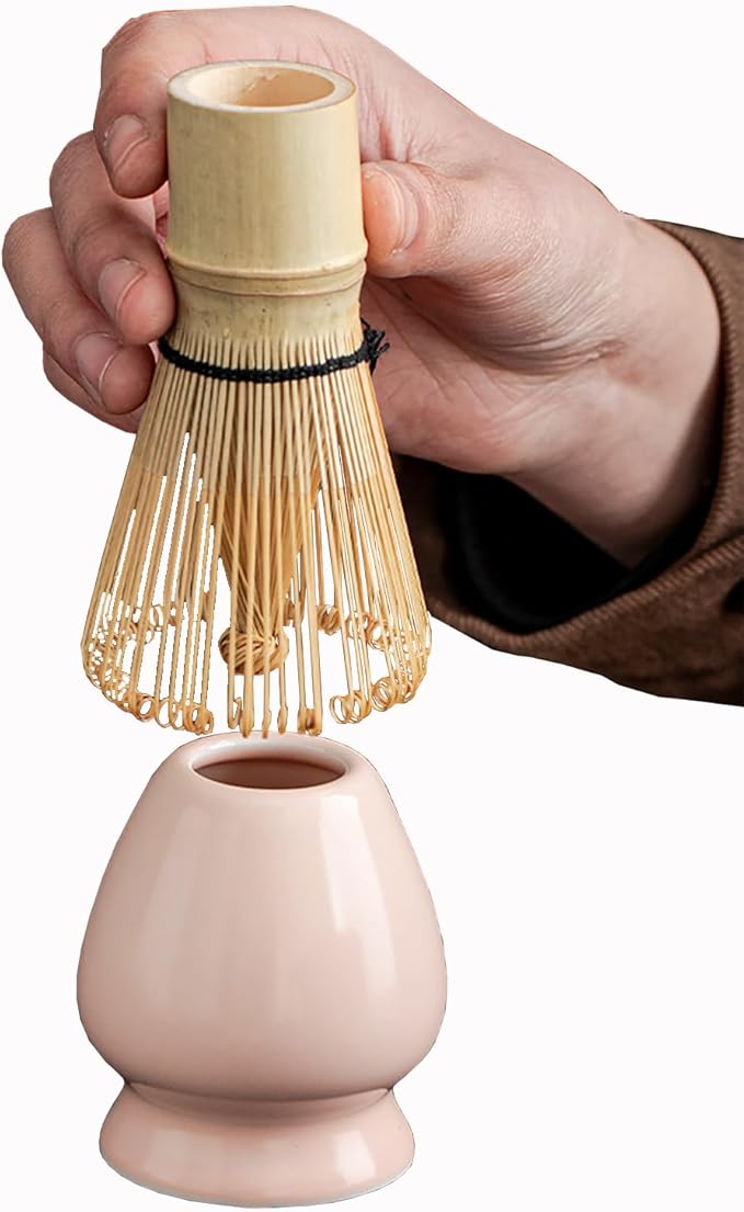 Matcha Tea Set, 5-Piece Ceremonial Kit with Ceramic Matcha Bowl (Chawan), Bamboo Whisk (Chasen) & Holder, Stainless Steel Sifter, Bamboo Scoop (Chashaku) — Japanese Tea Ceremony Gift (Pink)