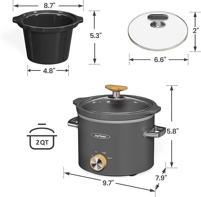 SUNVIVIPRO Small Slow Cooker with Removable Ceramic Pot, Food Warmer with 3 Heating Settings & Dishwasher Safe Glass Lid, Grey