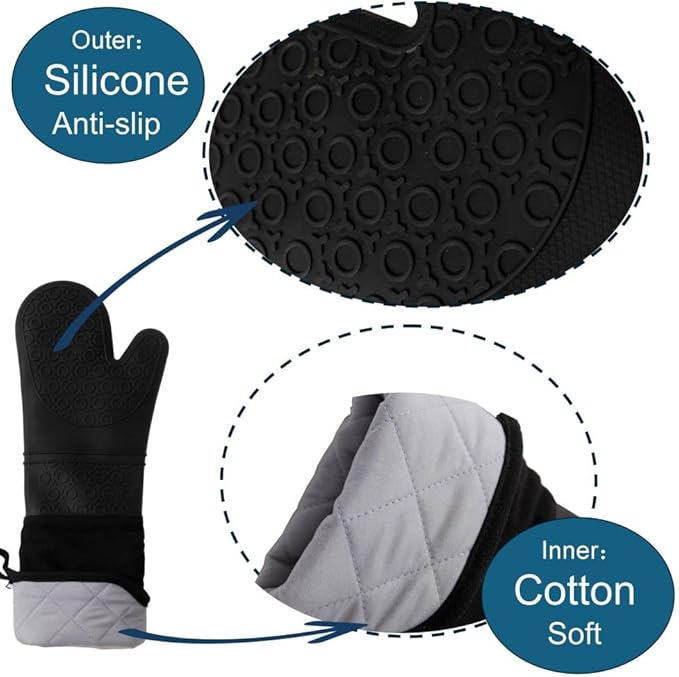 Extra Long High Temp Oven Mitts - 2pcs Commercial, Heavy Duty Non-Slip Grip Mitts - Silicone Heat Resistant Up to 500 Degrees, Ideal for Cooking, Baking & Frying, Black