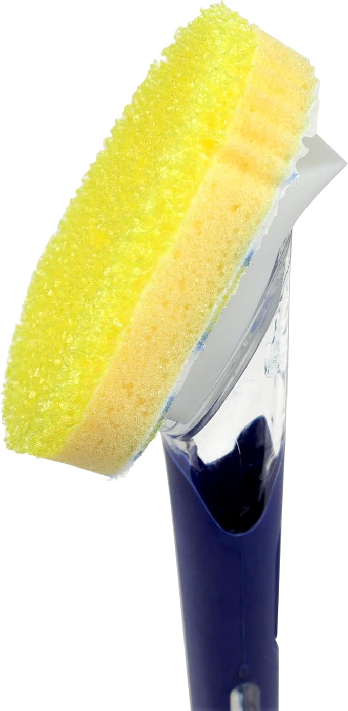 Scrub Daddy Dish Wand Scrubbing Brush with Handle, Soap Dispensing Dish Brushes, Texture Changing Washing Up Sponges With Liquid Dispenser, Scrubber with Scraper & Detachable Head Sponge, Blue