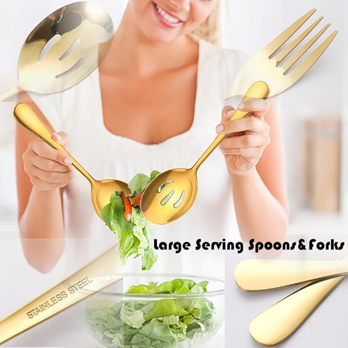 6 PCS Stainless Steel Serving Utensils, Large Serving Spoons Slotted Spoons, Forks, Ice Suger Tongs, Cake Server, Soup Ladle, Metal Utensils Set Great for Buffet Catering Banquet Party, Gold