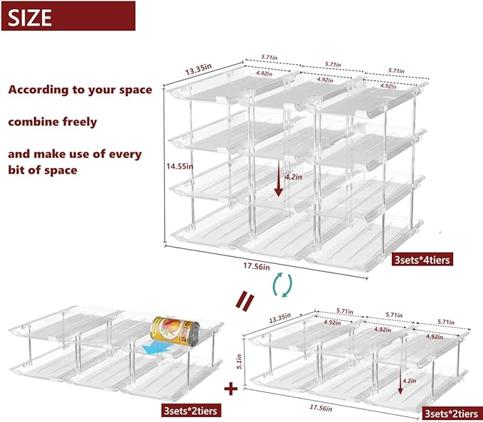 Attelite Can Organizer for Pantry, 3 Sets 4 Tiers Can Storage Organizer Pantry,Soda Can Organizer for Fridge 48 Cans Rack Automatic Rolling Stackable Canned Food Organizer,Clear