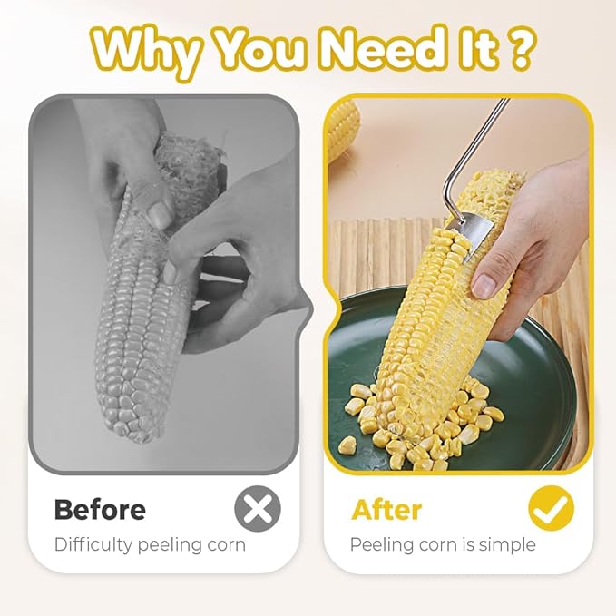 Easy Clean Corn Cob Peeler, 2025 New Corn On The Cob Stripper Tool with Long Handle, Stainless Steel Corn Cutter for Corn Cob With Corn Holder (Green-3 pcs)