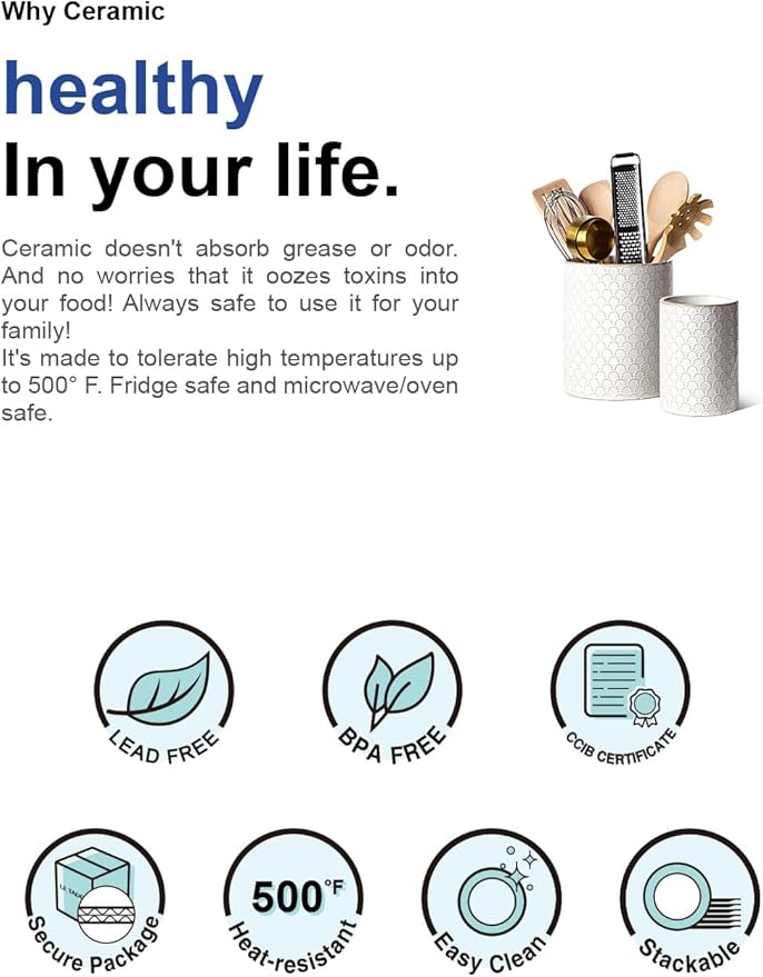 LE TAUCI Utensil Holder for Kitchen Counter - 7.1"+5.4" Ceramic Kitchen Utensil Holder Set of 2, Large Cooking Utensil Crock & Organizer for Spatula, Spoon - Embossed Kitchen Decor, White,Fireworks