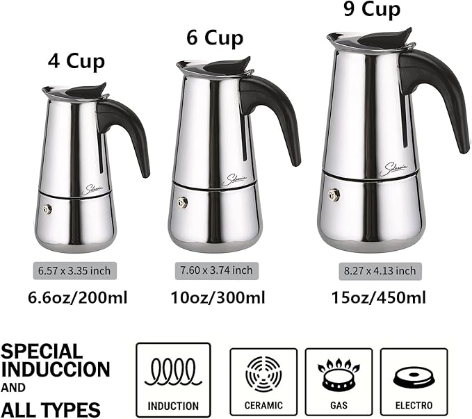 Espresso Maker 9 Cup Moka Pot Stainless Steel Percolator coffee pot, Compatible with Gas, Electric, Ceramic, and Induction stovetops(15 fl oz/450 ml)