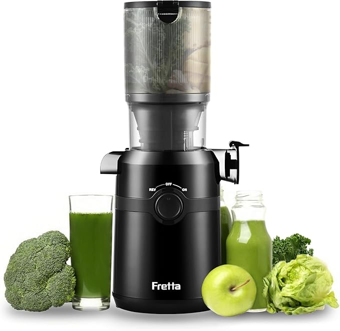 Juicer Machines,Fretta Compact Cold Press Juicer with PCTG Material from US,Fit Whole Fruits & Vegetables,BPA-Free, Easy to Clean (Pure Black, 1.0 L)