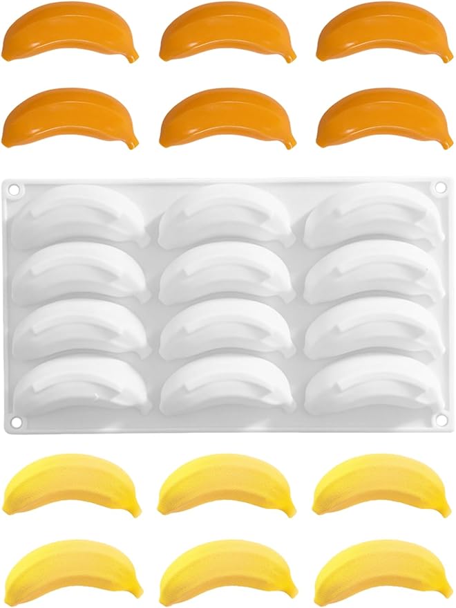 12 Cavity Silicone Banana Molds - Bananas Fruit Shaped Fondant Mold for Chocolate, Candy, Ice Cream, Mousse Cake, Soap, Resin, Lotion Bar, Ice Cube (Banana)