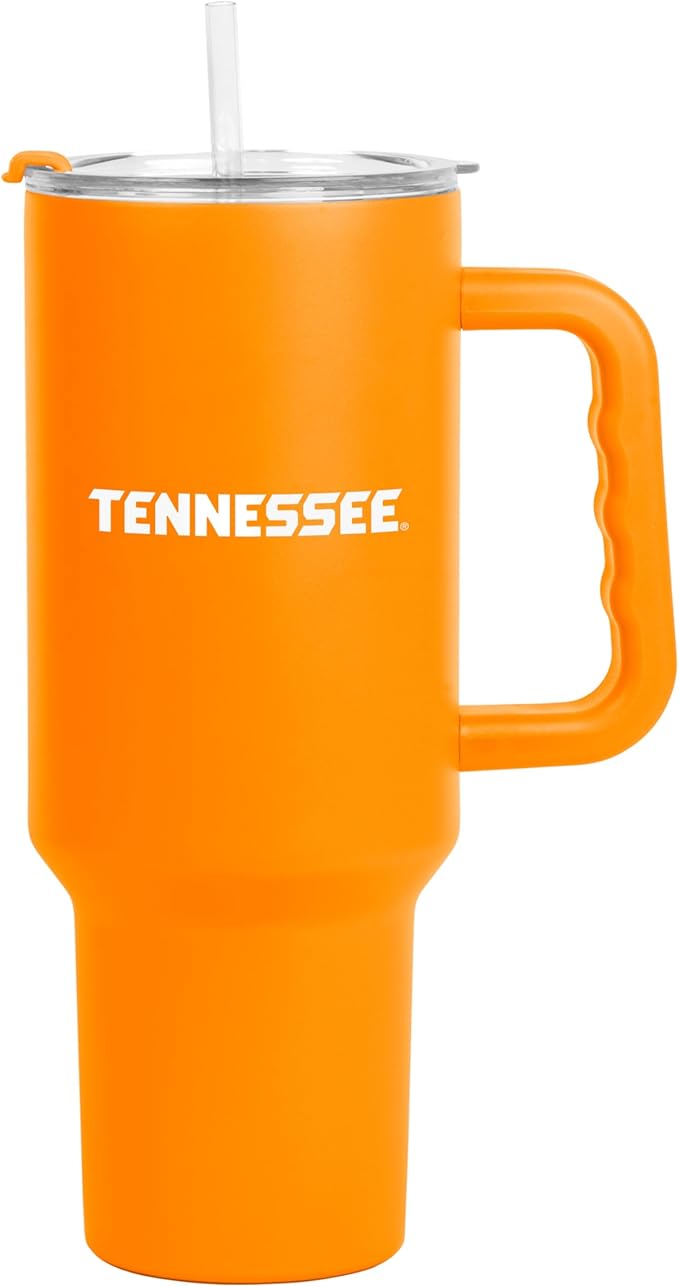 Logo Brands NCAA 40 oz Tumbler with Handle -Stainless Steel Insulated Travel Tumbler with Straw Lid – Powder Coated, Leak-Resistant, Keeps Drinks Hot/Cold – Great for Tailgating, or Everyday Use