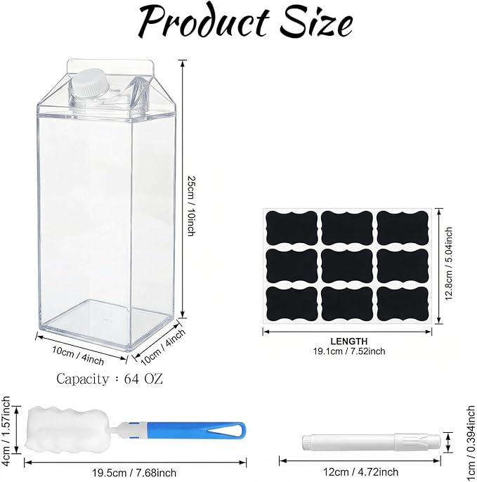 3 Pcs 64 Oz Large Clear Milk Carton Container with Brushes Labels and Pen Square Plastic Milk Water Bottle for Outdoor Camping or Climbing Tour