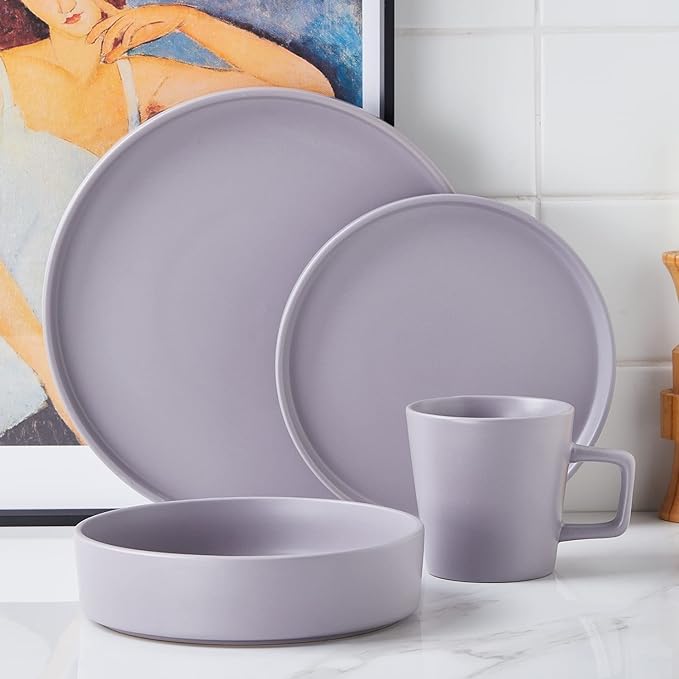 Stone Lain Cleo Modern Stoneware 16-Piece Dinnerware Set, Plates and Bowls Set, Dish Set Service For 4, Light Gray