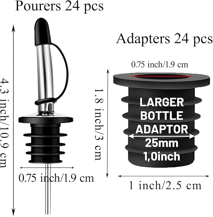 24-Pack Liquor Bottle Pourers with Adapters, Liquor Pour Spout Adapters set for for Large Olive Oil Bottles and Liquor Bottles - Up to 1 Inch/25mm Neck Converts Spout into a Large Pour Spout,Sliver