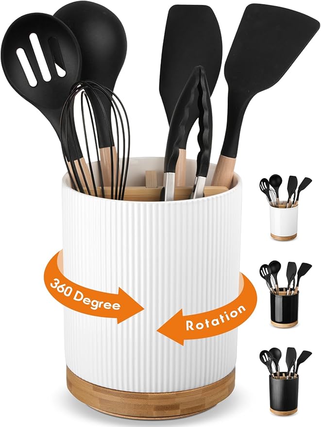 LoeJan 7.5" Utensil Holder, 3 Compartment Ceramic Kitchen Utensil Holder with Cork Bottom, Large Utensil Crock for Countertop, Cooking Tool Organizer Set for Kitchen Counter(White,Vertical Stripe)