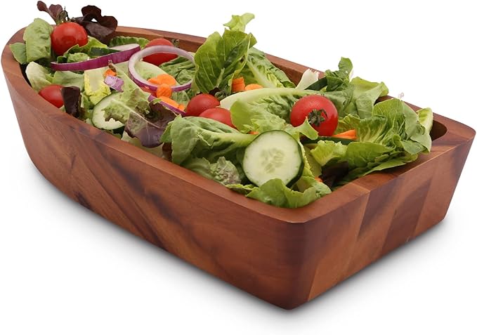 Arthur Court Acacia Wood Serving Bowl for Fruits or Salads Boat Shape Style Large 3 inch Tall x 9 inch Wide x 16 inch Long Wooden Single Bowl