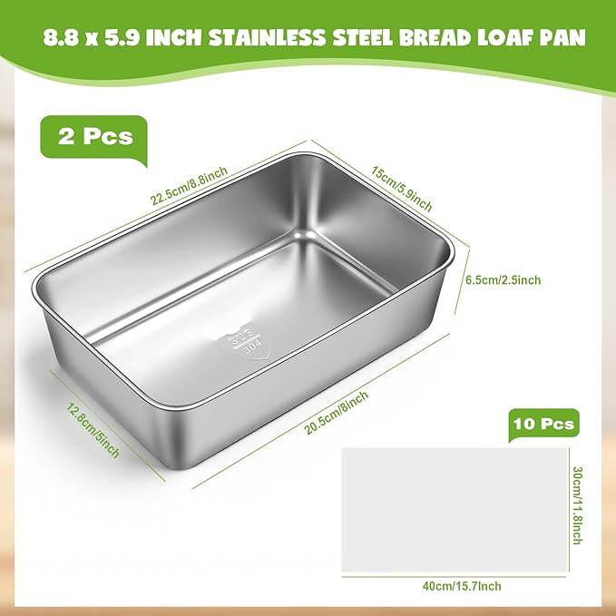 2 Packs 8.8×5.9 Inch Loaf Pans for Baking Bread, 304 Stainless Steel Loaf Bread Pan with Parchment Paper Liners, Metal Bakeware for Bread, Meatloaf, Cake Brownies, Easy Release, Oven & Dishwasher Safe