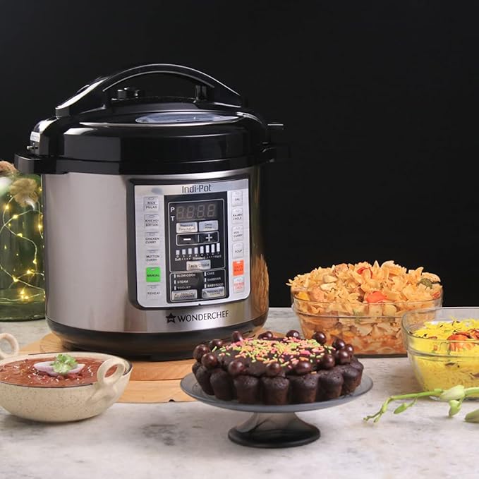 Wonderchef 6 Quart Indian Cooking Multi-use Programmable 7-in-1 Stainless Steel Pressure Cooker, Steamer, Yogurt Maker, Sauté, Rice Cooker, Warmer and Slow Cooker; 6-quarts