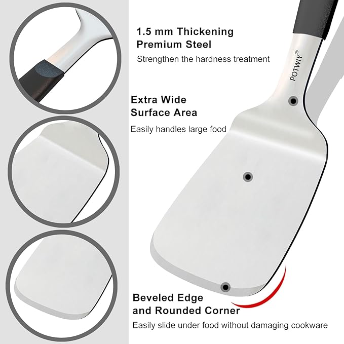 Stainless Steel Spatula, Large Metal Spatula for Kitchen and Grilling, Heavy Duty Turner for Cast Iron Skillet with Silicone Handle, Cooking and Flipping Steak, Pancake, Burger, 4.6 x 3.7 In