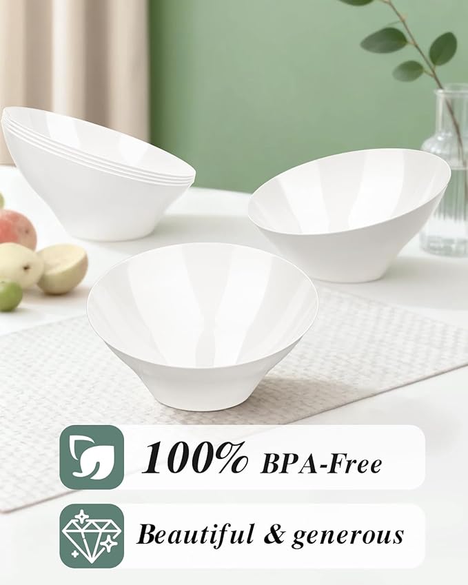 BESTVIP 12 Pack 20oz Angled Disposable Serving Bowls - White Plastic Serving Bowls for Party, Party Bowls for Chips, Snacks, Fruit, Salad - Bowls for Parties, Daily Use,Halloween, Christmas