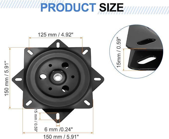 uxcell 2Pcs 6" Bar Stool Swivel Replacement, 360° Rotation Lazy Susan Turntable, Square Semi-Ball Bearing Seat Swivel Base Mount Plate for Recliner Chair or Table, Black (150x1.5mm)