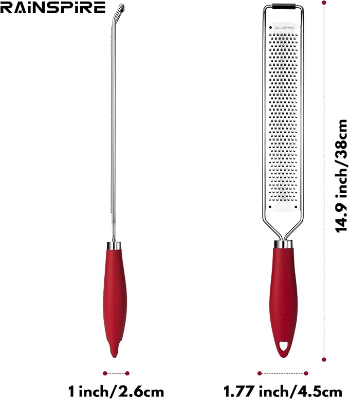 Rainspire Zester Grater with Handle, Lemon Zester Cheese Grater for Kitchen Stainless Steel, Parmesan Cheese Garlic Nutmeg Chocolate Fruits Vegetables Ginger Grater, Fine, Red