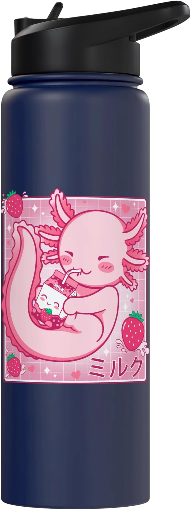 Kawaii Axolotl Strawberry Milk Shake Carton Japanese Anime Stainless Steel Insulated Water Bottle