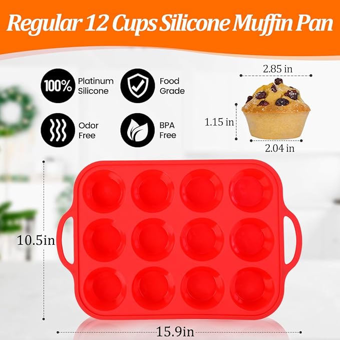 CAKETIME Silicone Muffin Pan, Metal Reinforced Frame Silicone Cupcake Pan Regular Size 12 Cups Nonstick Muffin Tins for Baking Easy to Move 2 Pack Red