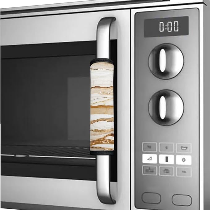 Fridge Door Handle Covers Set of 6 Kitchen Appliance Decor Handles Glove Anti-Slip Protectors Washable Fabric Refrigerator Decor Accessories, Beige Gold Marble