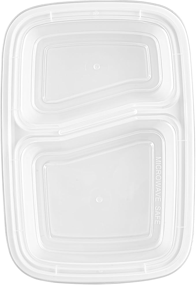 Restaurantware Asporto 32 Ounce Compartment Take Out Boxes 100 Microwavable Meal Prep Containers - 2 Compartments With Clear Plastic Lids White Plastic Food Containers Do Not Contain BPA