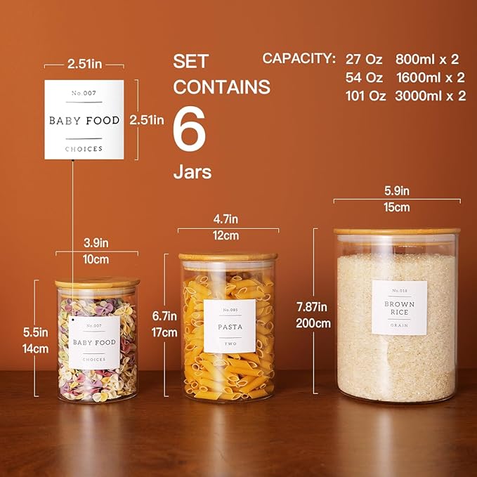 CZZGSM Set of 6 Glass Flour and Sugar jars with 132 Kitchen Pantry Labels - Thicken Large Glass Storage containers with Airtight Bamboo Lid - Rice Canisters for Salt Coffee - 100OZ/54OZ/27OZ